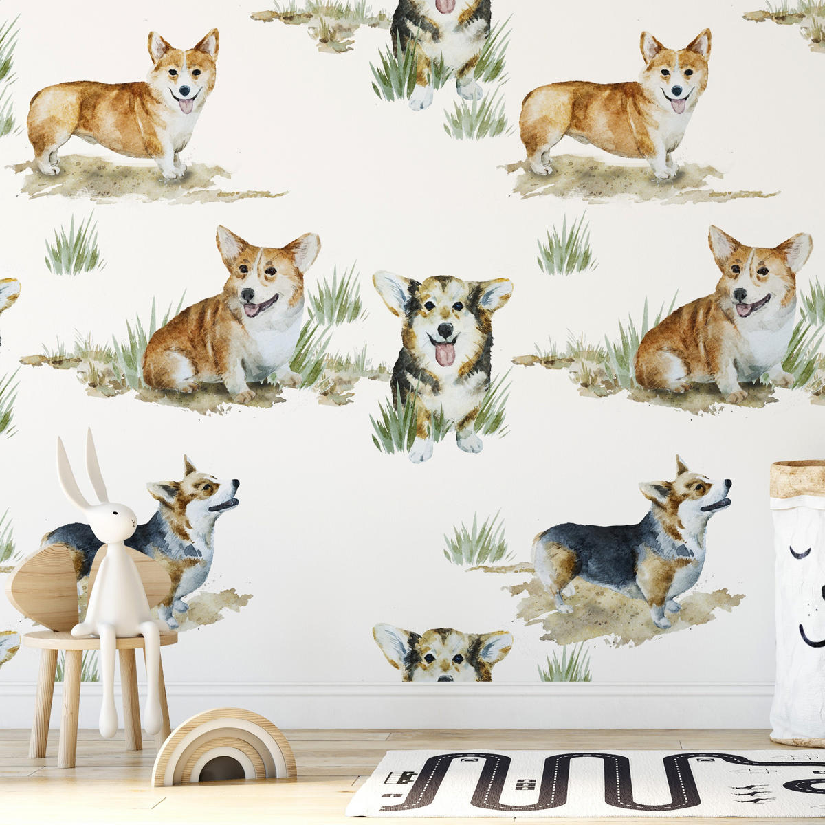 TAPETE Corgi aus echtem Papier, 200x280cm, 8 Bögen - Weiß, Papier (280/200cm) - WALLPAPERS4BEGINNERS
