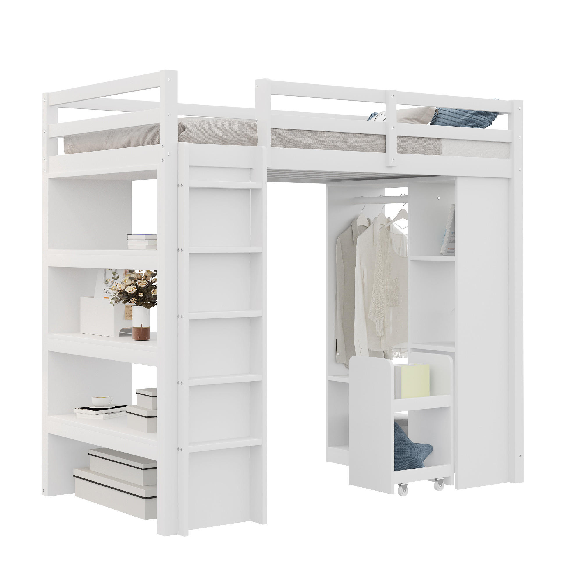 HOCHBETT 90/200 cm Weiß mit Regalen und herausnehmbarem Trolley - Weiß, Holz (90/200cm) - OKWISH