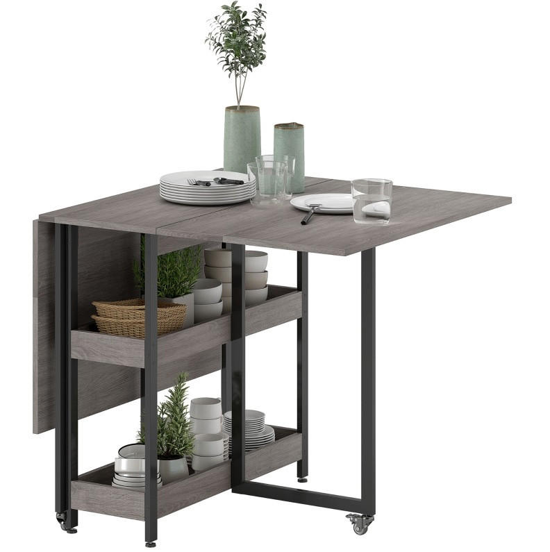 Redom SKLÁDACÍ jídelní stůl 133,4/80/75 cm s 2 otevřenými přihrádkami, kolečky s brzdou a stabilní konstrukcí, Šedá