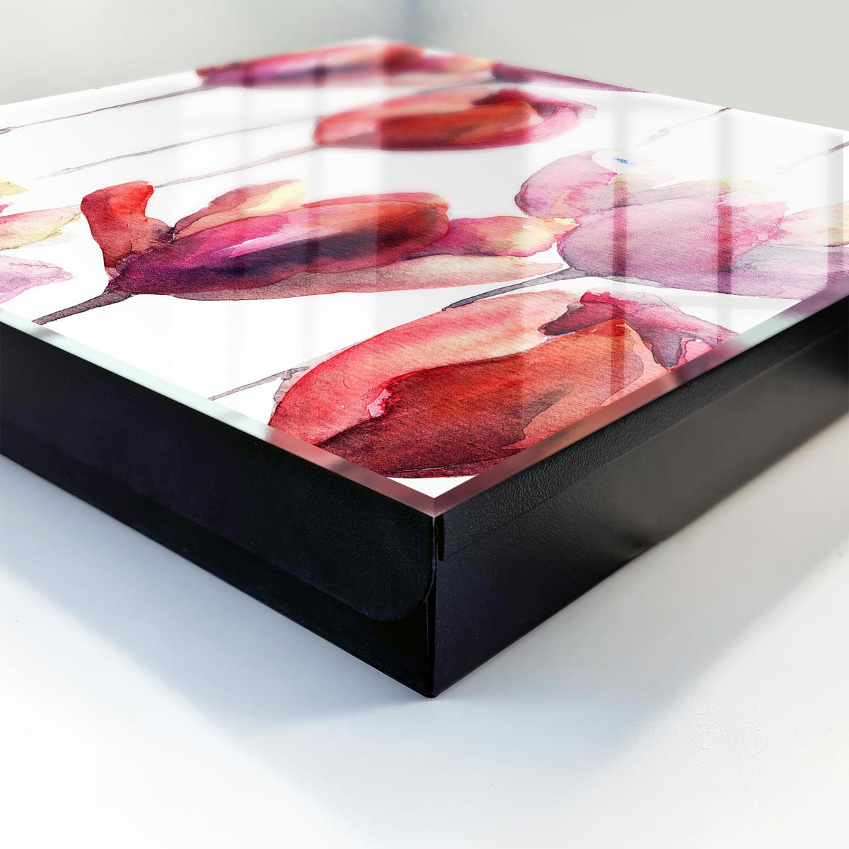 SCHLÜSSELBOX Schwarz 30x30 cm- Türöffnung nach rechts - Aquarell-Tulpen - Rot, Metall (30/30/5cm) - TULUP