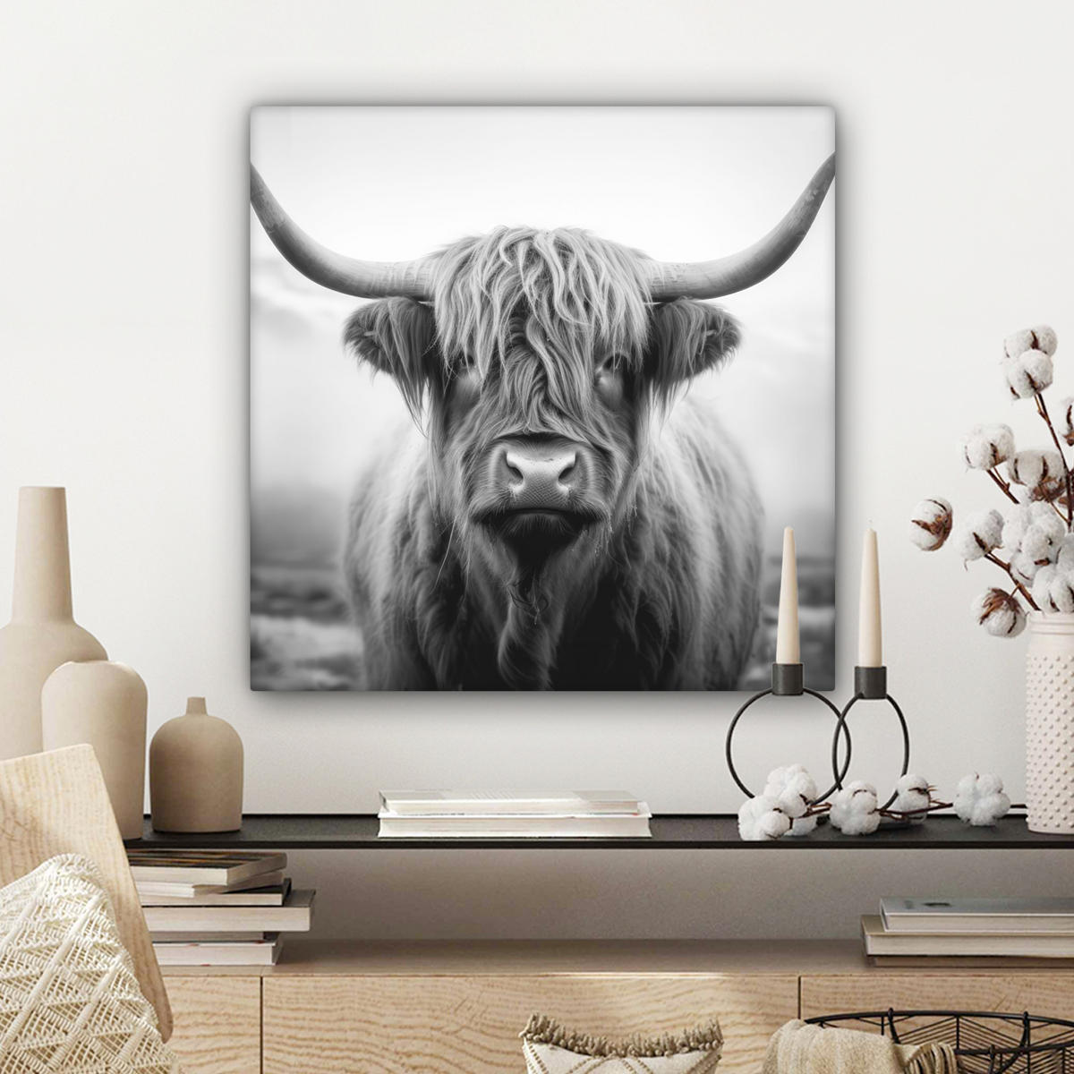 OBRAZ NA PLÁTNE Škótsky horal - hmla - čierna - biela 50x50 cm - sivá, textil (50/50cm) - MuchoWow