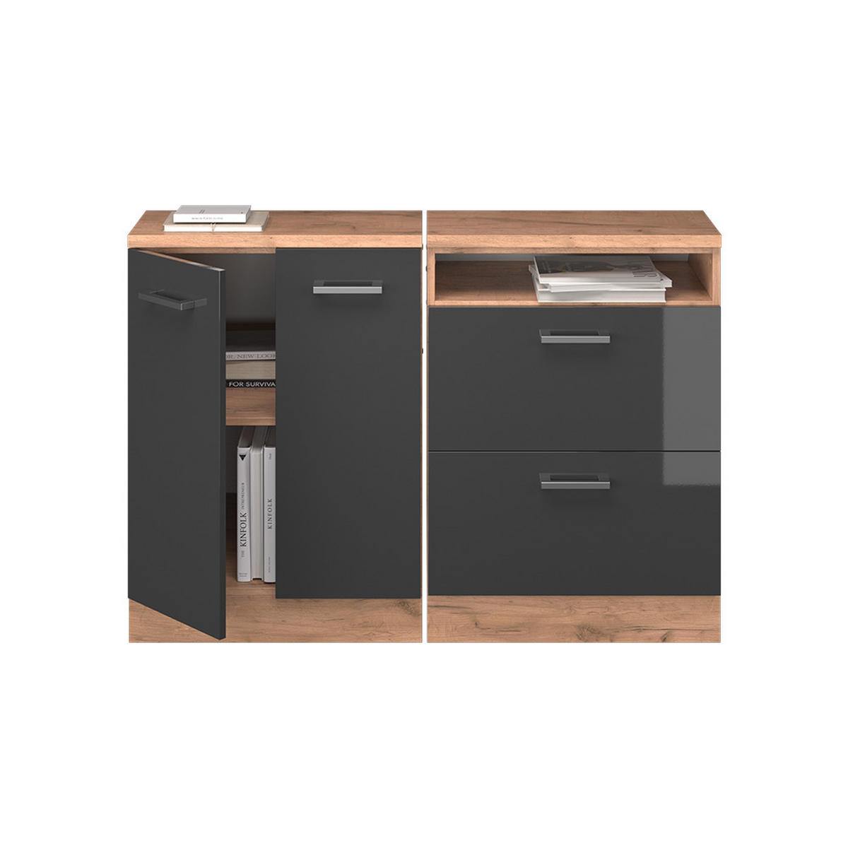 KUHINJSKI ORMAR ZA KOSINE KROVA R-Line Antracit visokog sjaja 120 cm Set od 2 korpusa ormara, dubina 60 cm - hrast medunac/crna visoki sjaj, drvni materijal (120/83.8/60cm) - Vicco