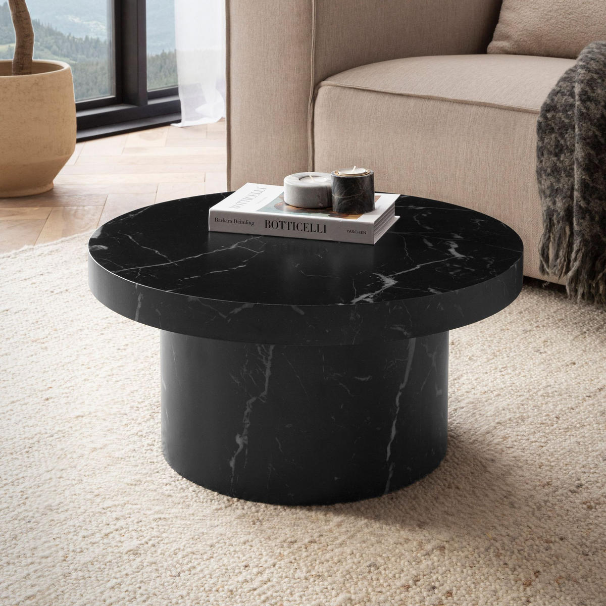 COUCHTISCH rund in Stein-Optik – moderner Look in Grau, Schwarz 60x60x30 cm - Schwarz, Holzwerkstoff (60/60/30cm) - KADIMA DESIGN