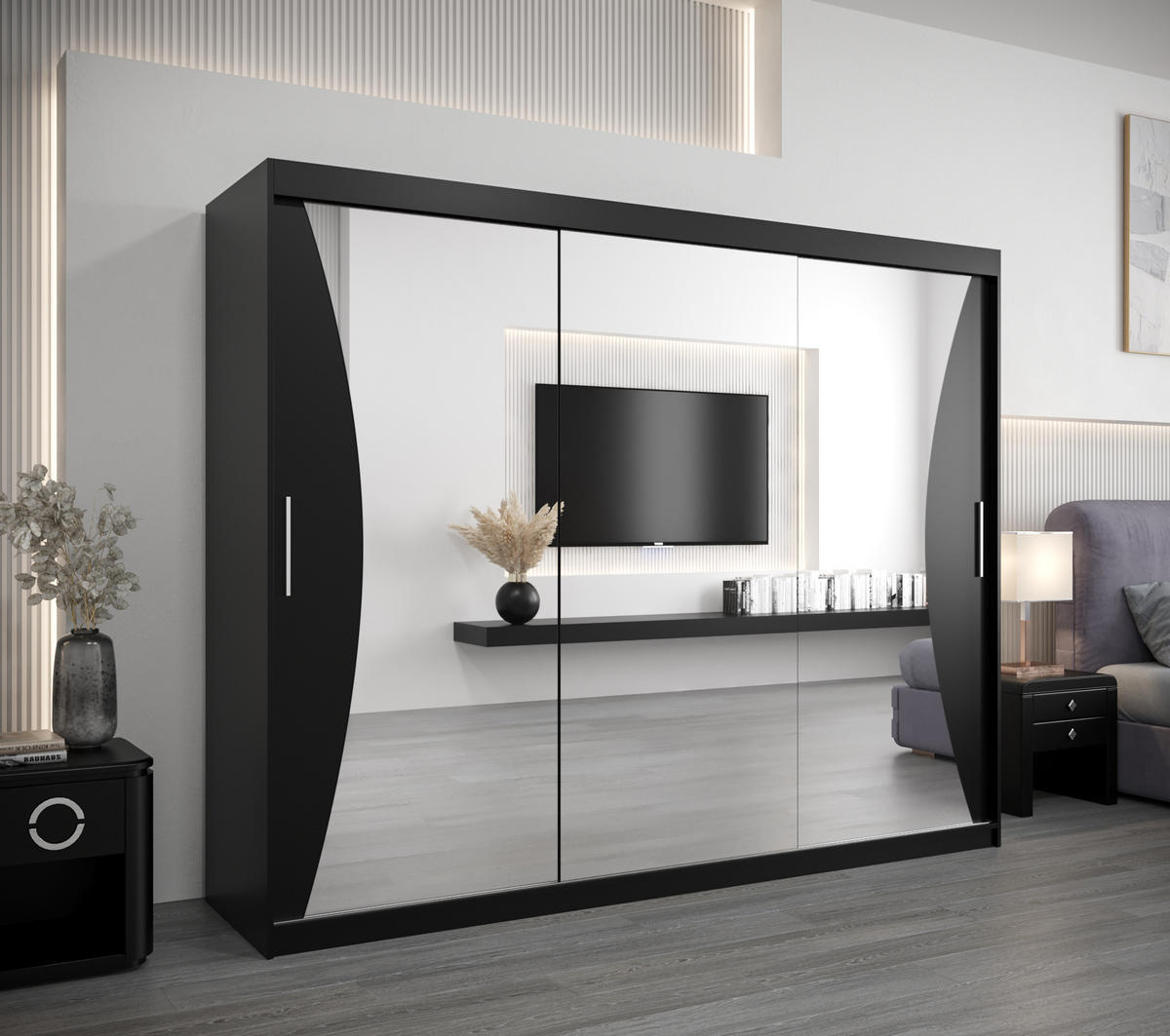 SCHWEBETÜRENSCHRANK 200/250/62 3-türig - Silberfarben/Schwarz, Holz/Kunststoff (250/200/62cm) - Abiks Möbel