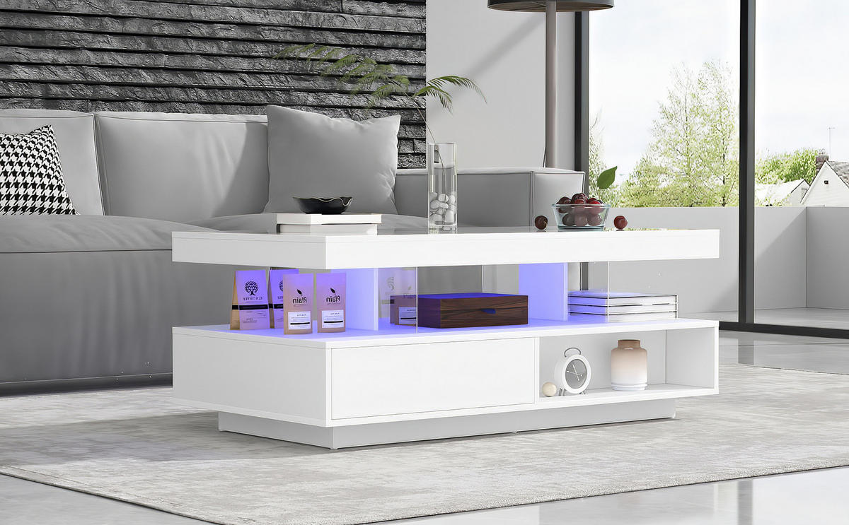 COUCHTISCH 95/50/42,5 cm weiß mit 4 Glasplatten und 2 Schubladen - Weiß, Holzwerkstoff (90/50/42.5cm) - OKWISH