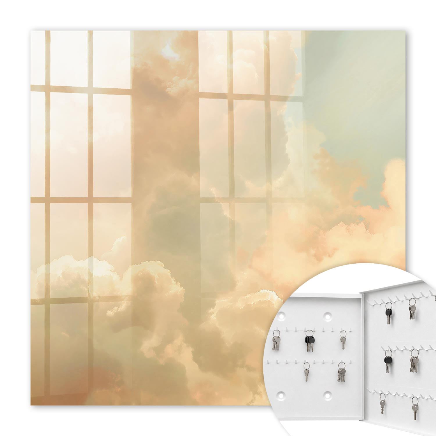 SCHLÜSSELBOX Weiß 30x30 cm – Türöffnung nach rechts - Pastellfarbene Wolken - Beige, Metall (30/30/5cm) - TULUP