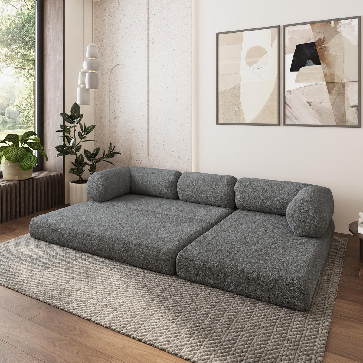ROHOVÁ SEDAČKA KELI modulární Boneless pohovka s funkcí spaní, šedá QUELLE 92 - šedá, textil (270/160cm) - MASSENO