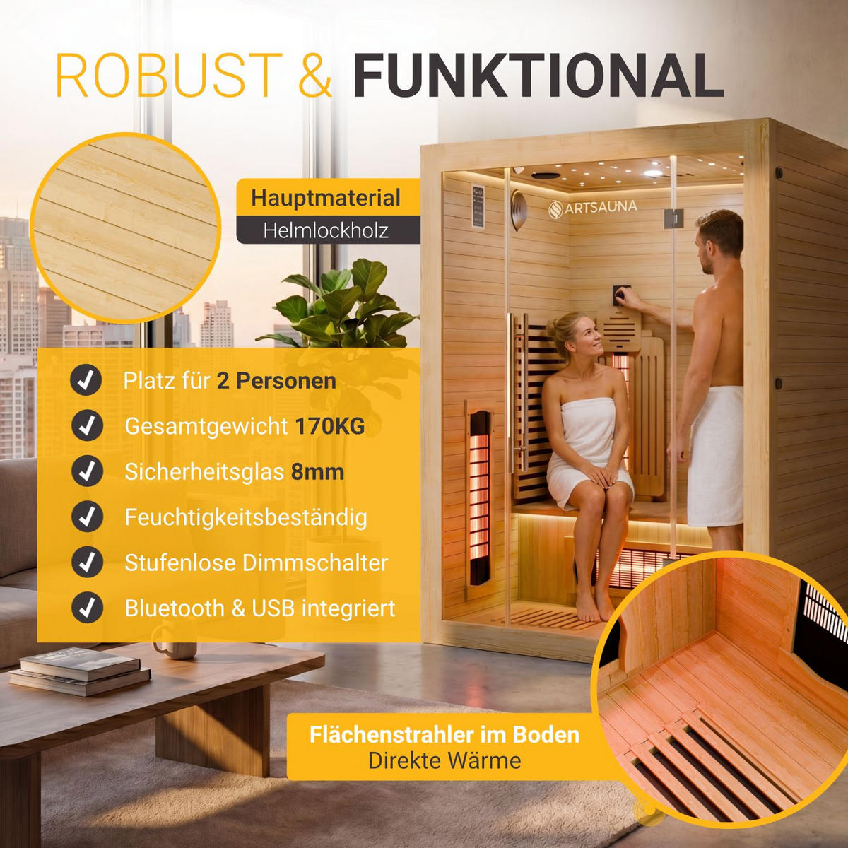 INFRAROTKABINE Aarhus140 mit Vollspektrumstrahlern & Hemlockholz - Naturfarben, Holz (120/190/140cm) - Artsauna