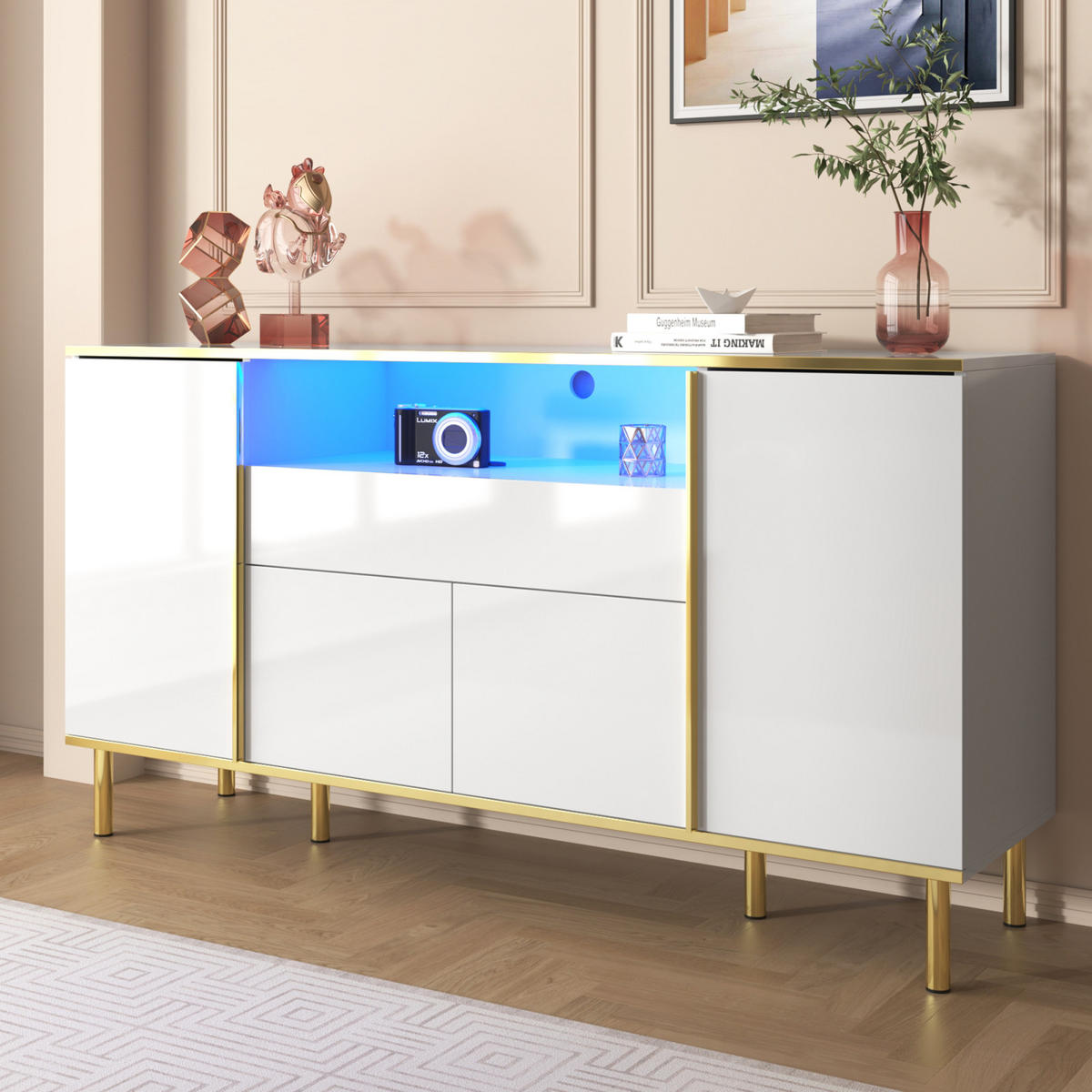 SIDEBOARD Weiß, 4 Türen, 2 Schubladen, LED - Weiß, Holz (150/80/40cm)