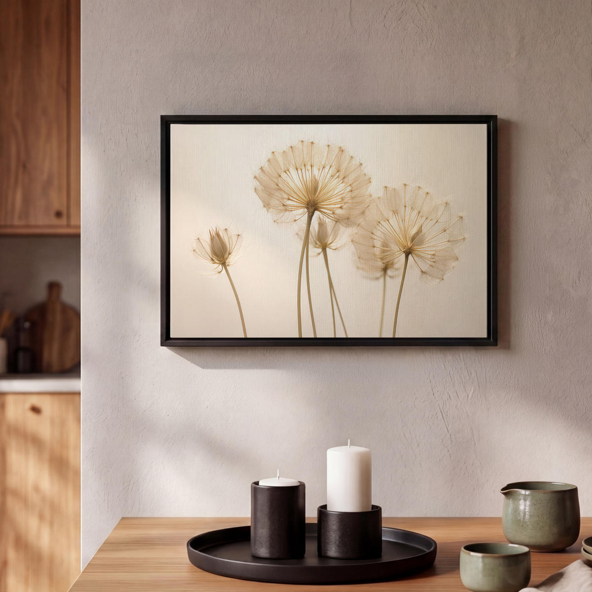 LEINWAND Bilder mit Rahmen - Sonnenlicht - Löwenzahn - Botanisch - Blumen - 30x20 - Creme, Textil (30/20cm) - MuchoWow