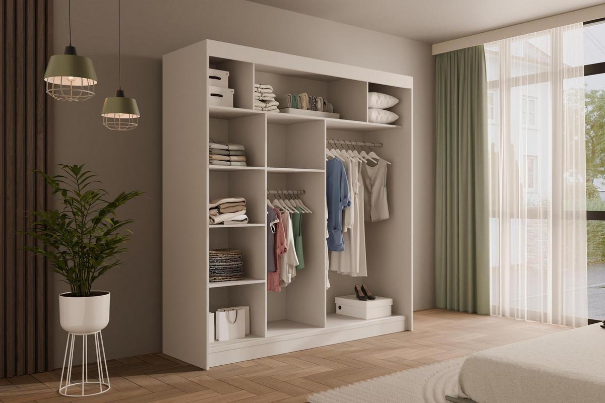 KLEIDERSCHRANK mit Lamel-Schiebetüren VILANv2 - 200 cm Weiß + Lamelle Eiche Wotan - Eiche Wotan/Weiß, Holzwerkstoff (200/215/61cm) - ALTDECOR