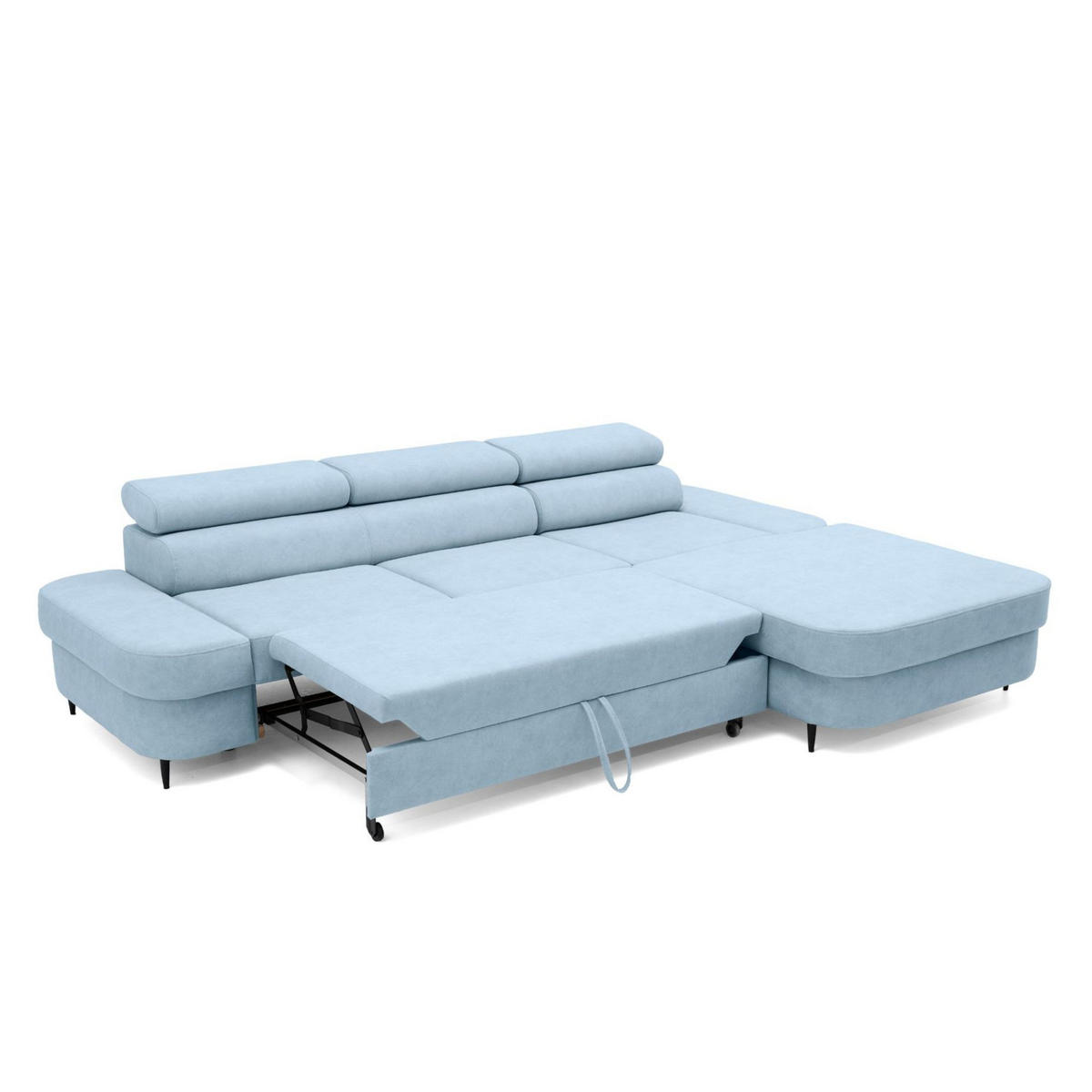 ECKSOFA JAZZ L Rechts mit Schlaffunktion 127x216 Velours Hellblau - Schwarz/Hellblau, Holz/Textil (237/285cm) - Muffo