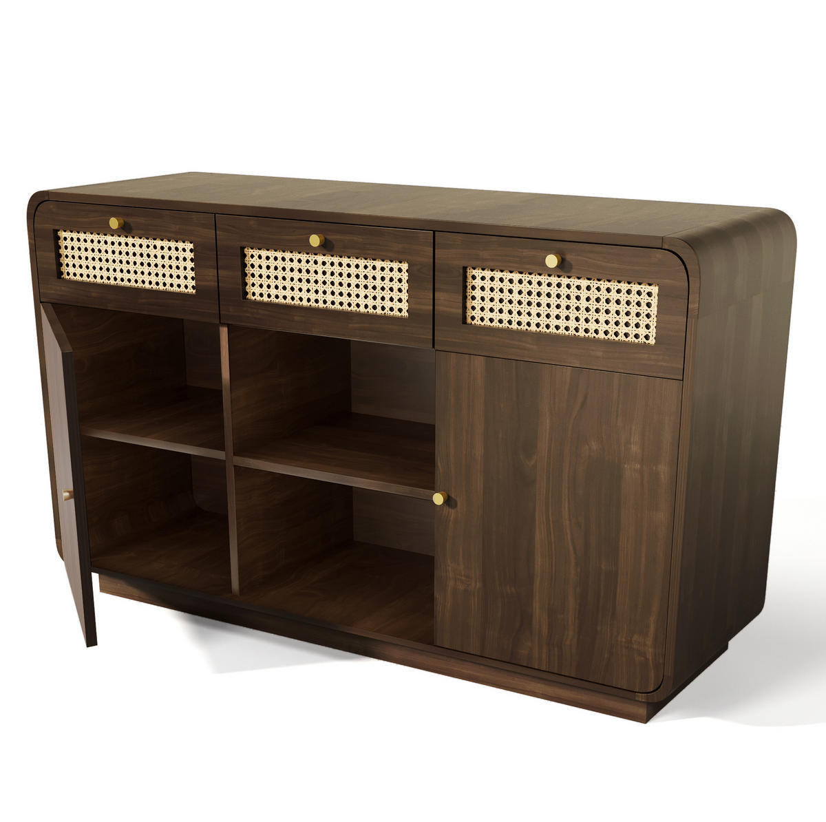 SIDEBOARD 120/40/85 cm in Nussbaum mit Rattanfronten, 3 Schubladen und 2 Türen - Walnussfarben, Holzwerkstoff (120/85/40cm) - Flora Grace