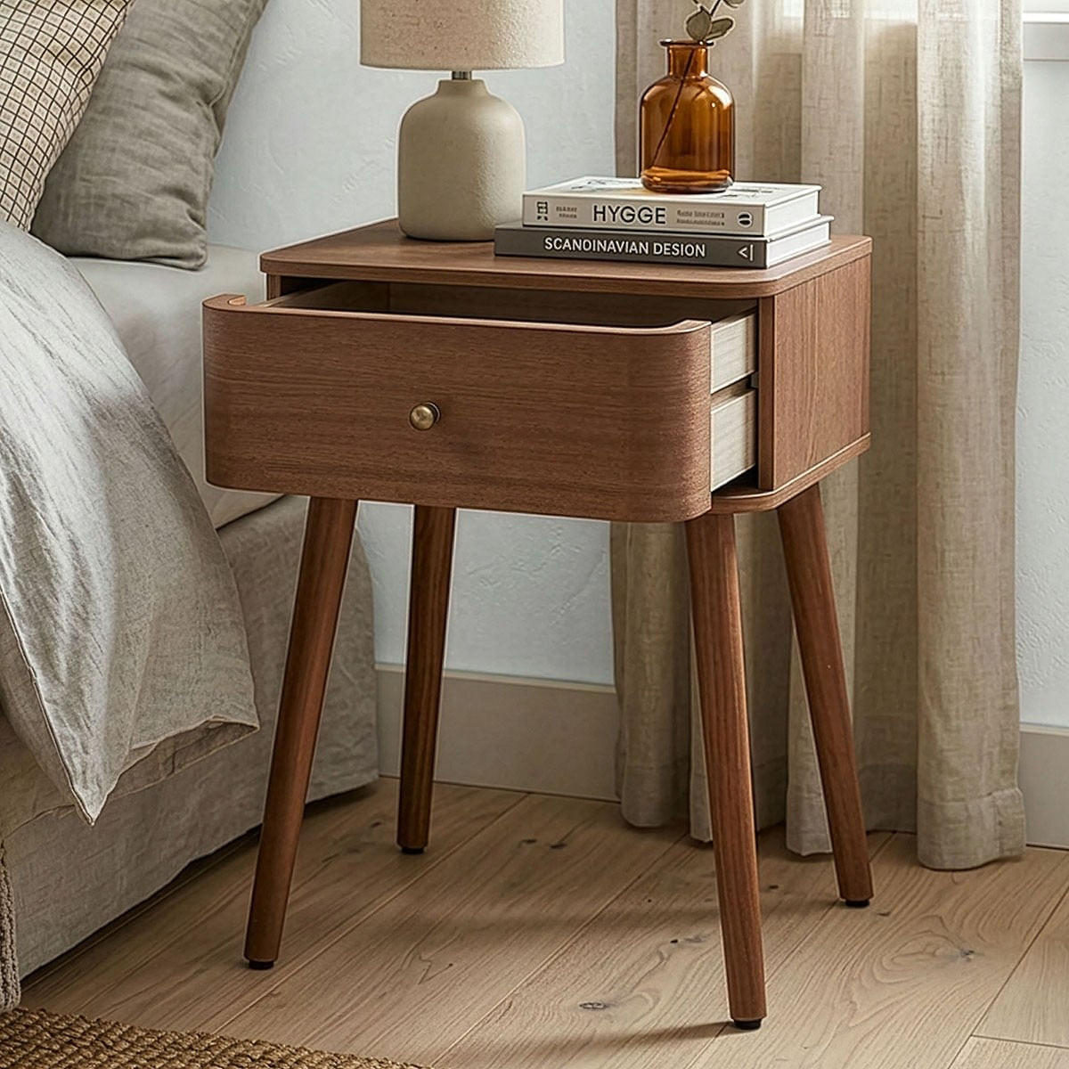 NACHTTISCH 1 Schublade mit abgerundeten Fronten B42 cm - KARL - Eschefarben, Holzwerkstoff (35/58/43.5cm) - Calicosy