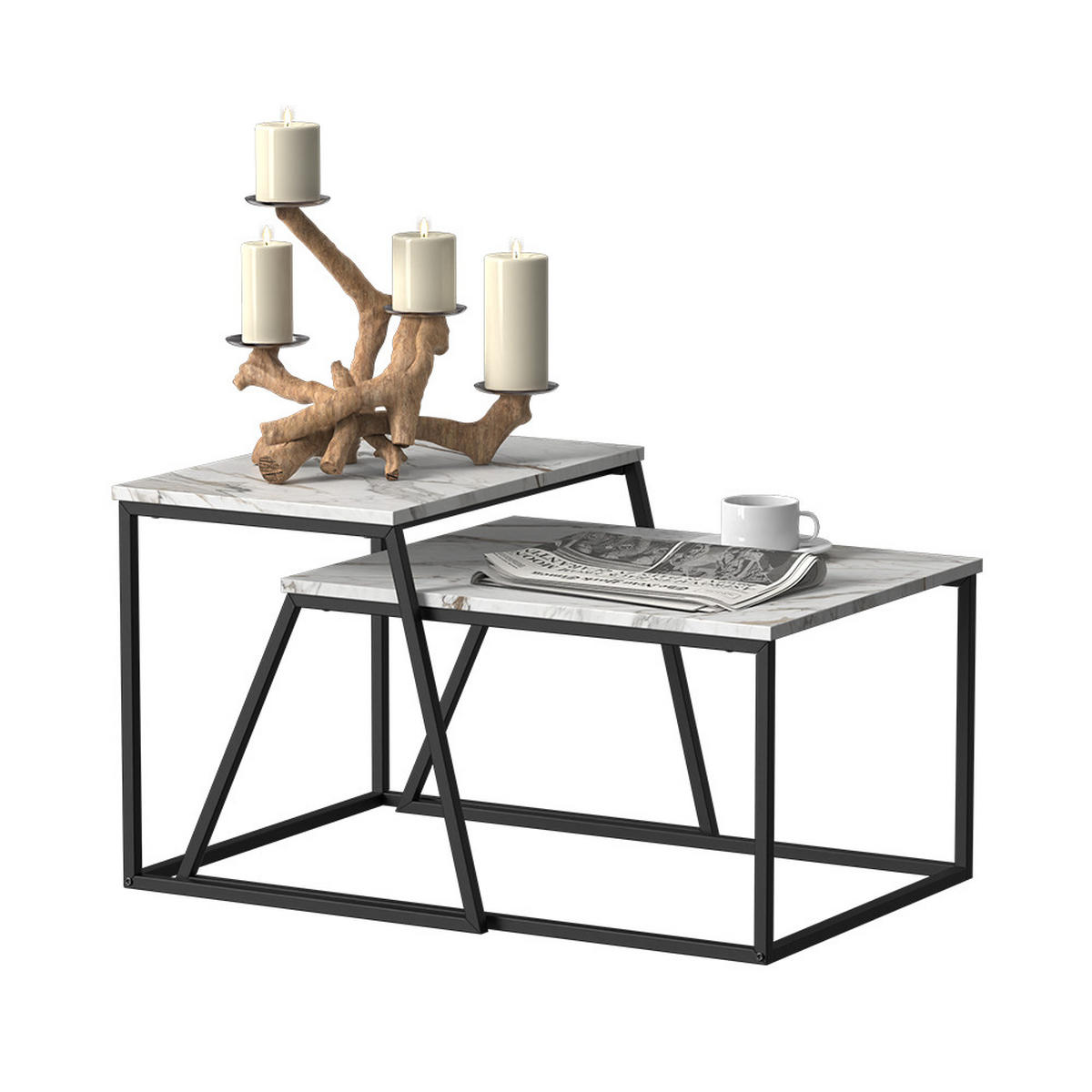 COUCHTISCH-SET Myra Schwarz/Marmor-Weiß 60 x 50 cm 2 Teile - Weiß Hochglanz/Schwarz, Holzwerkstoff (50/60/38cm) - Vicco
