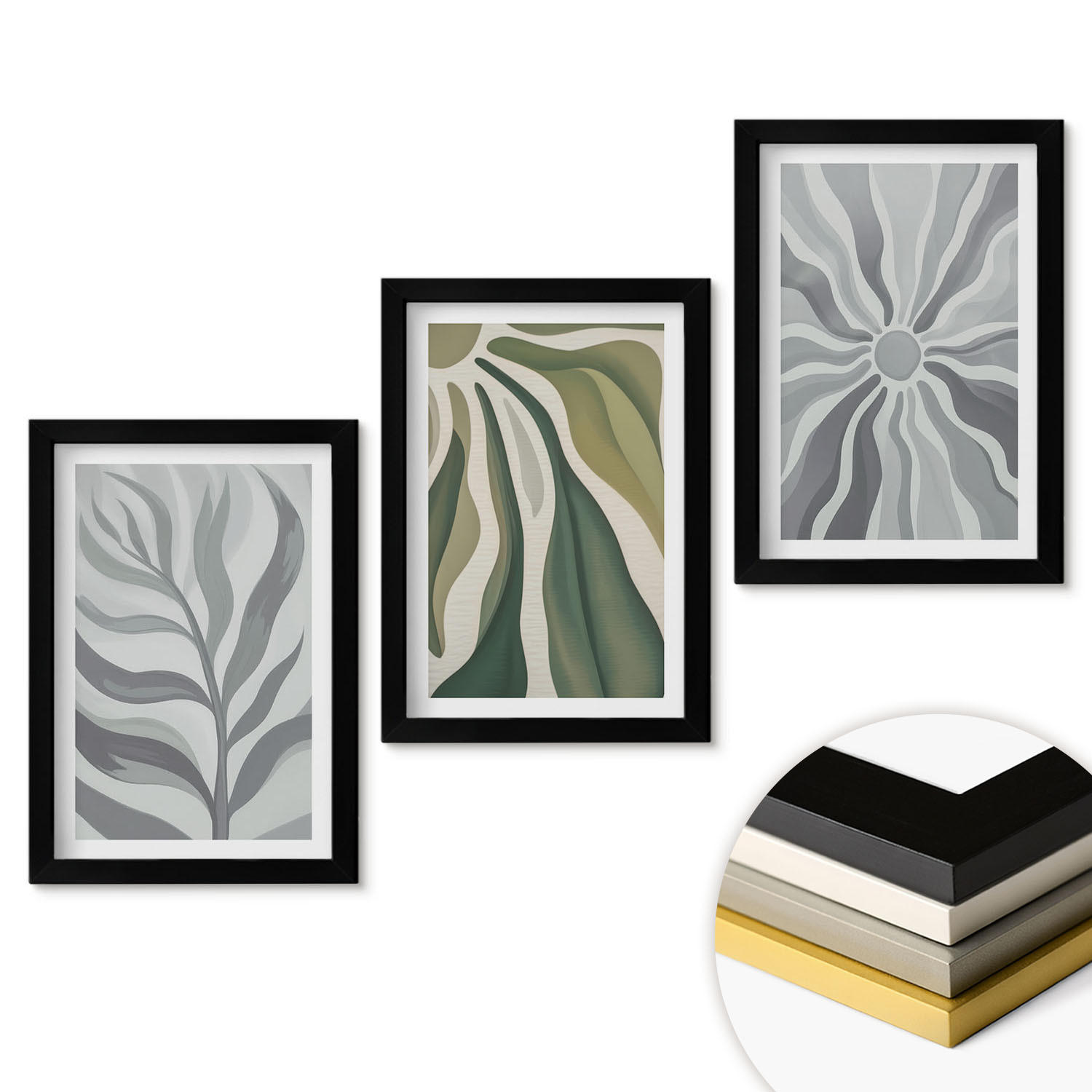 WANDBILDER 3er-Set - 20x30 cm Schwarzer Rahmen - Pflanzenmuster in Grün - Schwarz, Kunststoff (20/30cm) - ArtPrintCave