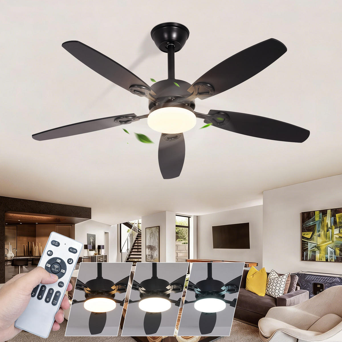 LED DECKENVENTILATOR Ularen 112/15/40 cm - Schwarz, Metall (112/15/40cm) - ZMH