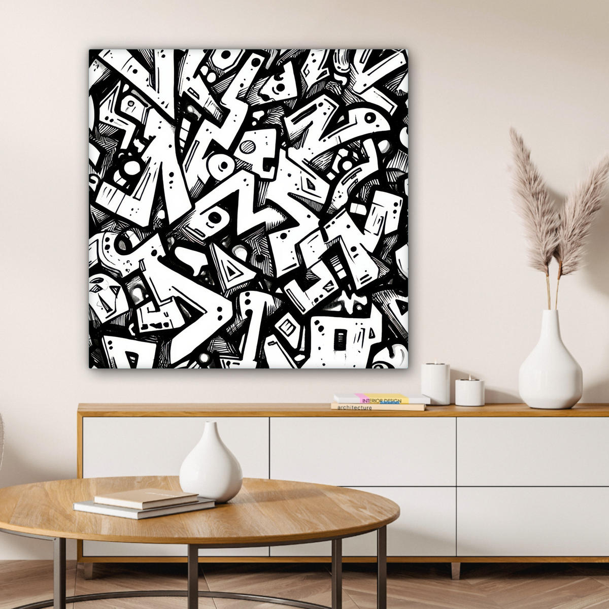 LEINWANDBILD Formen - Buchstaben - Graffiti - Schwarz Deko Groß 90x90 cm - Schwarz, Textil (90/90cm) - MuchoWow