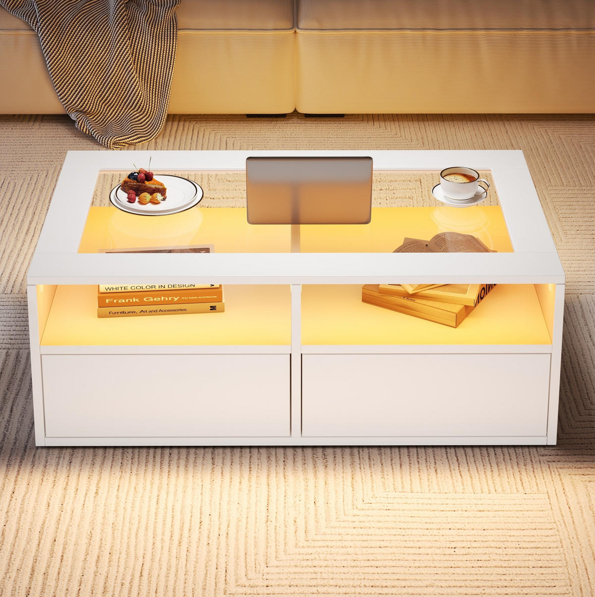 COUCHTISCH aus Glas und Spanplatte 100x50x35 cm in Weiß mit LED & 2 Schubladen - Weiß, Holzwerkstoff (100/50/35cm) - Modfu