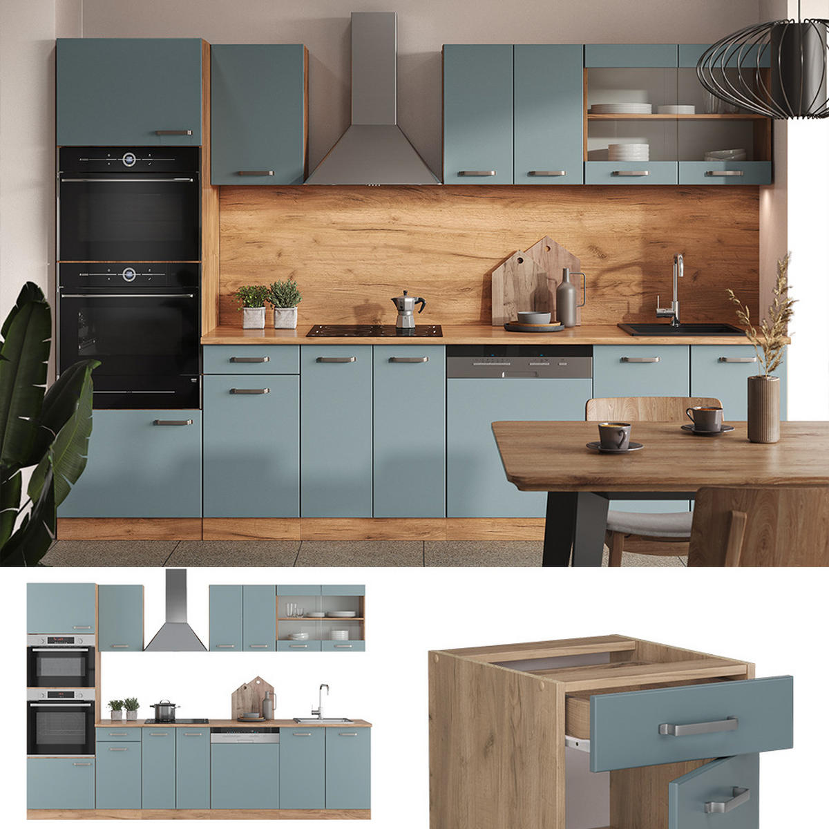 KÜCHENZEILE R-Line Blau-Grau/Goldkraft Eiche 300 cm mit Hochschrank AP Marmor - Eiche Wotan/Blaugrau, Holzwerkstoff (300/81.6/60cm) - Vicco