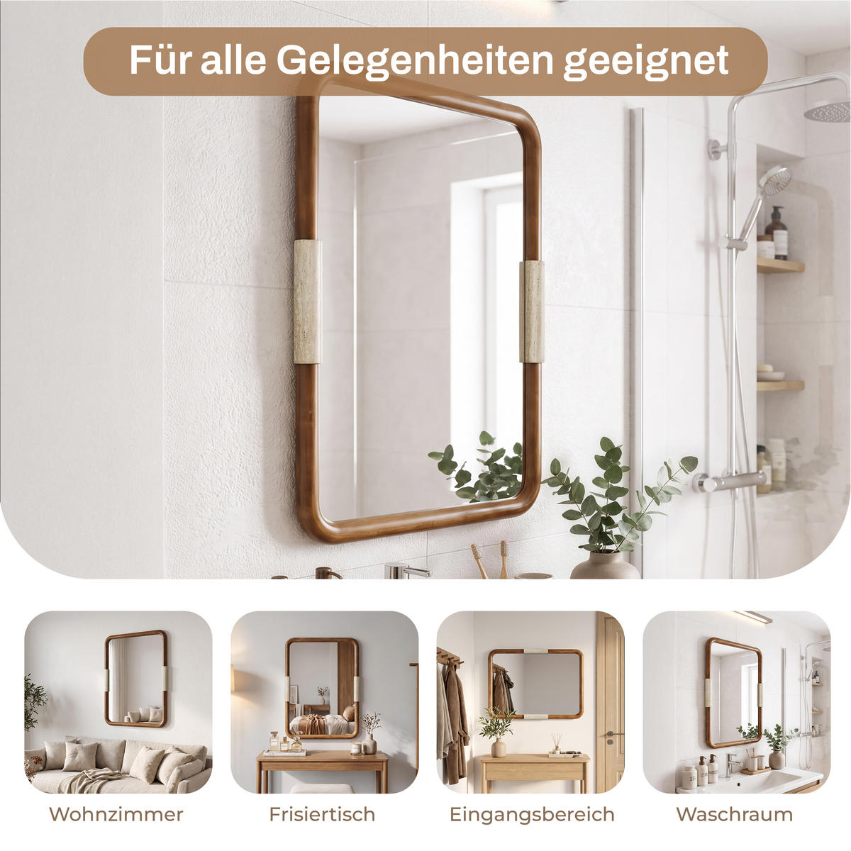 RECHTECKIGEM Holz Wandspiegel mit Rahmen B56×H76cm - Braun, Naturmaterialien/Holz (3/76.5/56cm) - Hometopia
