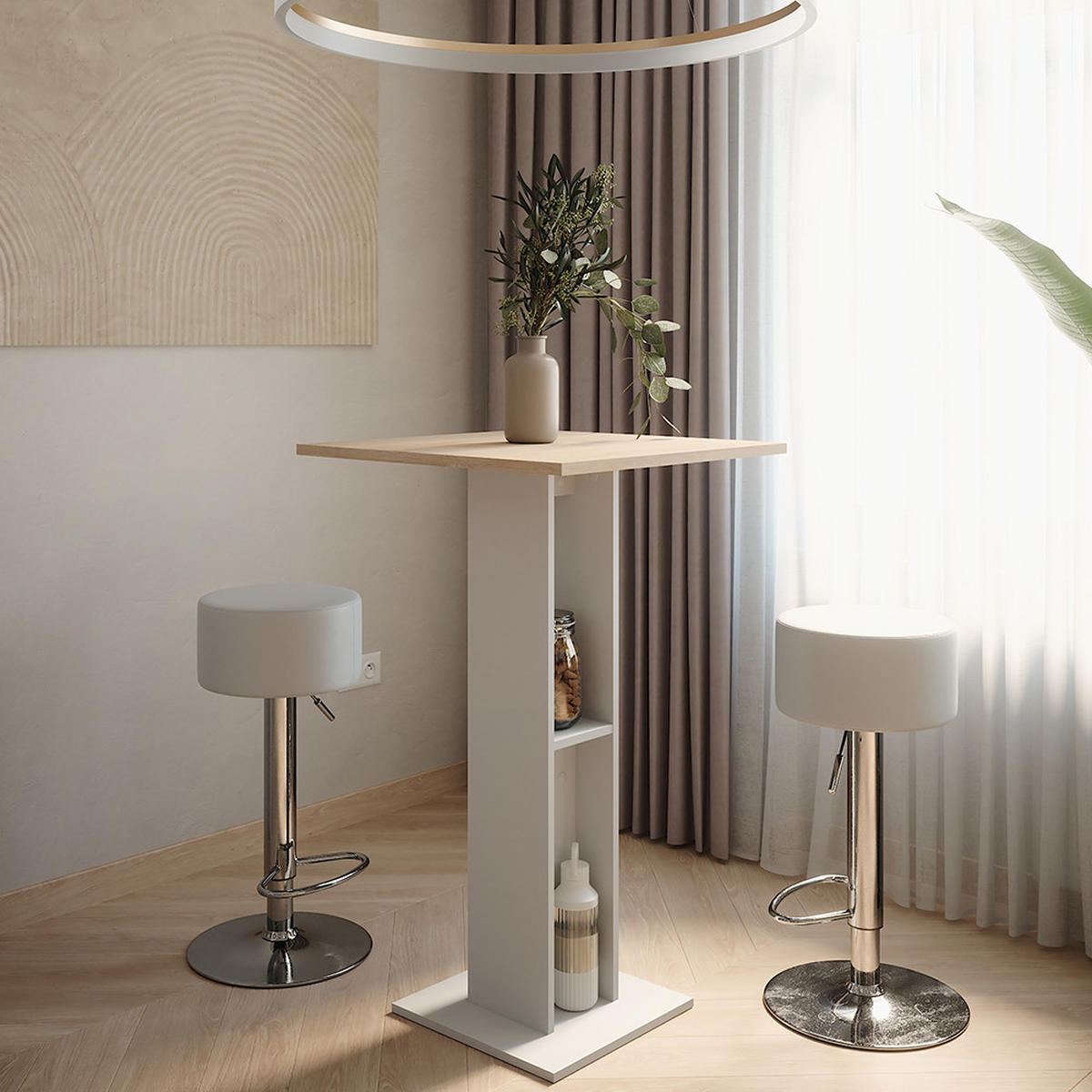 STOJACÍ BAROVÝ STŮL SE ŽIDLEMI Repose Bílá/Sonoma - bílá, kompozitní dřevo (65/65/106cm) - Vicco