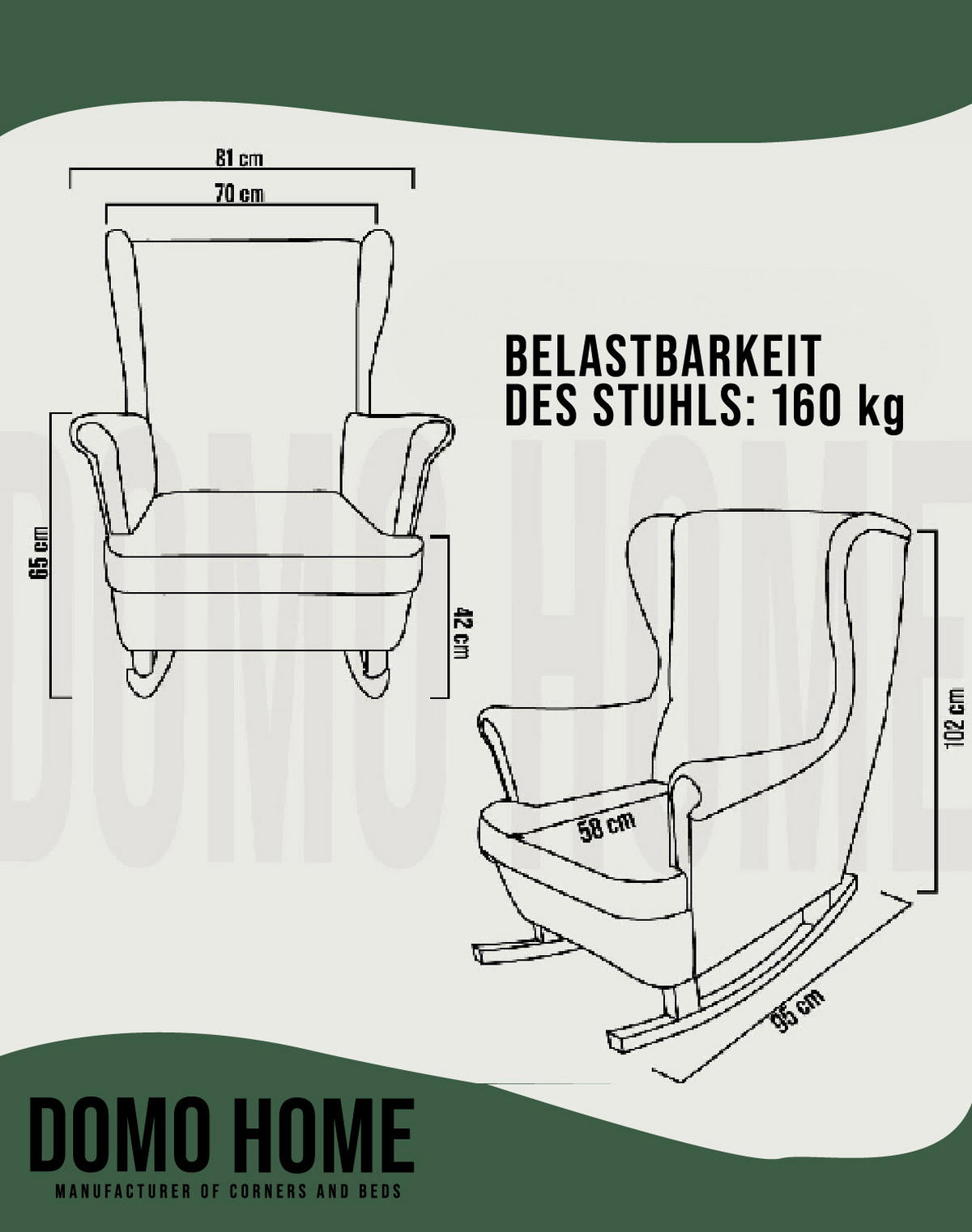 SCHAUKELSESSEL mit gepolstertem Sitz und Armlehnen, 102x81x95 cm, Grün_29848 - Schwarz/Grün, Holz/Textil (81/102/95cm) - DomoHome