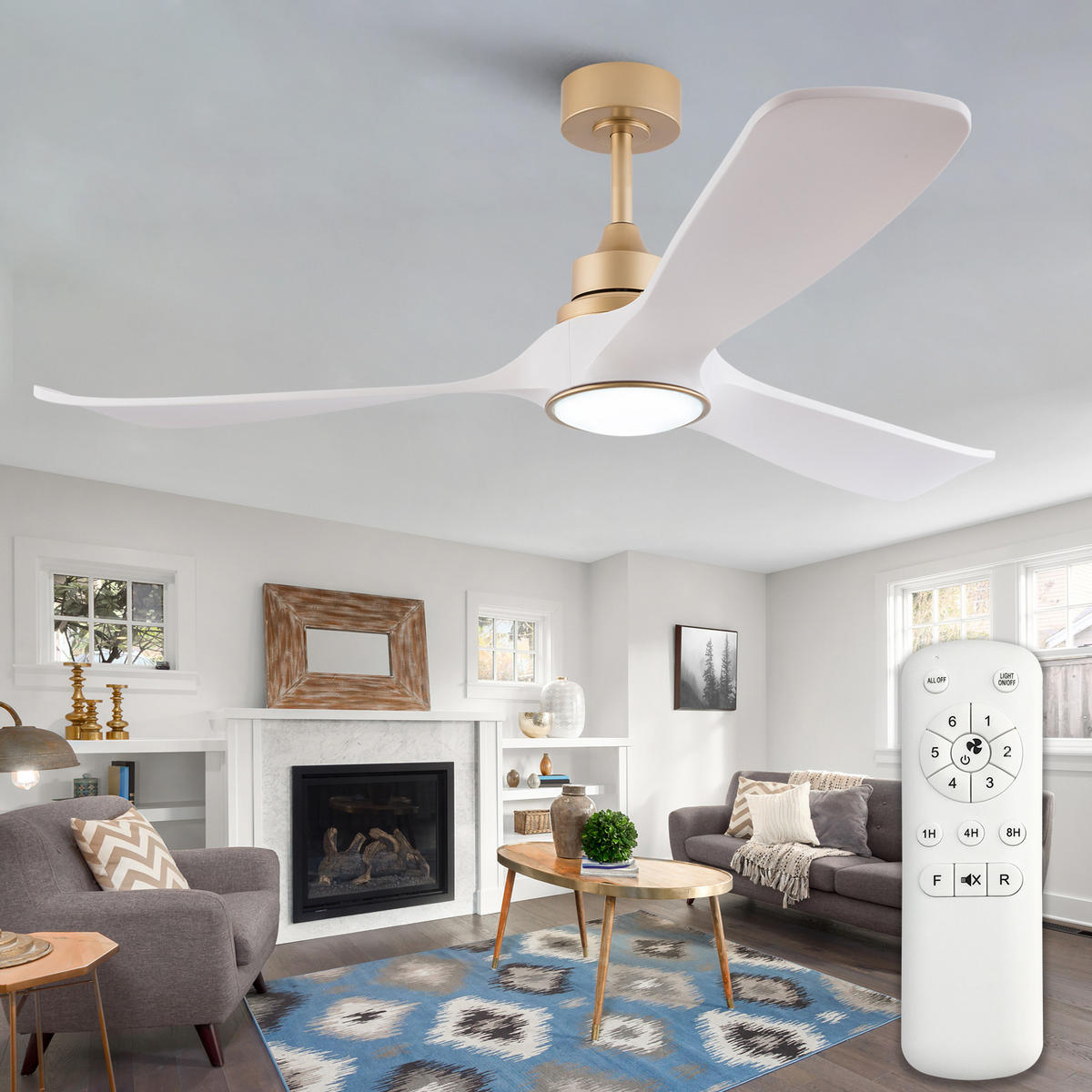 DECKENVENTILATOR DE-16247 52 Zoll mit Fernbedienung & LED Weiß/Gold - Weiß, Kunststoff (132/132/48cm) - ComfortXL