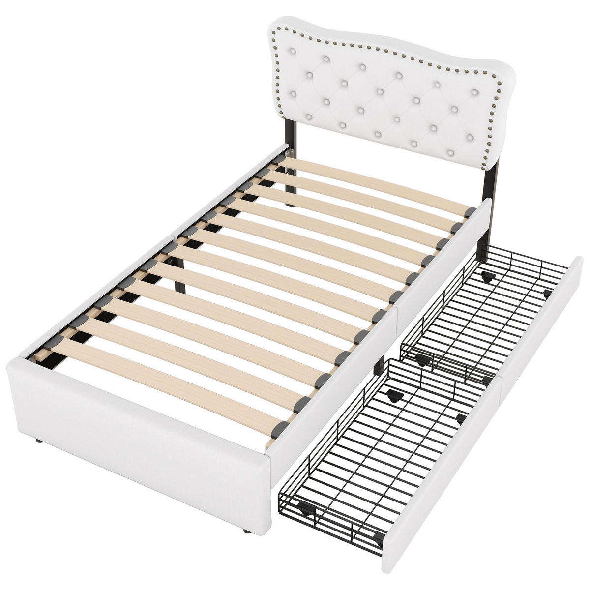 POLSTERBETT 90/200 cm hellbeige mit zwei Schubladen und verstellbarem Nachttisch - Beige, Textil (90/200cm) - OKWISH