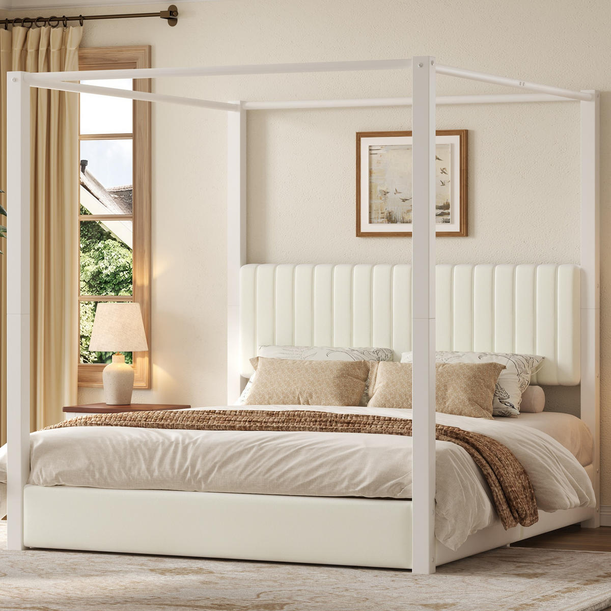 POLSTERBETT 180/200 cm in Beige & Weiß mit Himmelbettgestell, Kopfteil und Metallrahmen Samt Design - Beige/Weiß, Holzwerkstoff/Textil (180/200cm) - STILVORA
