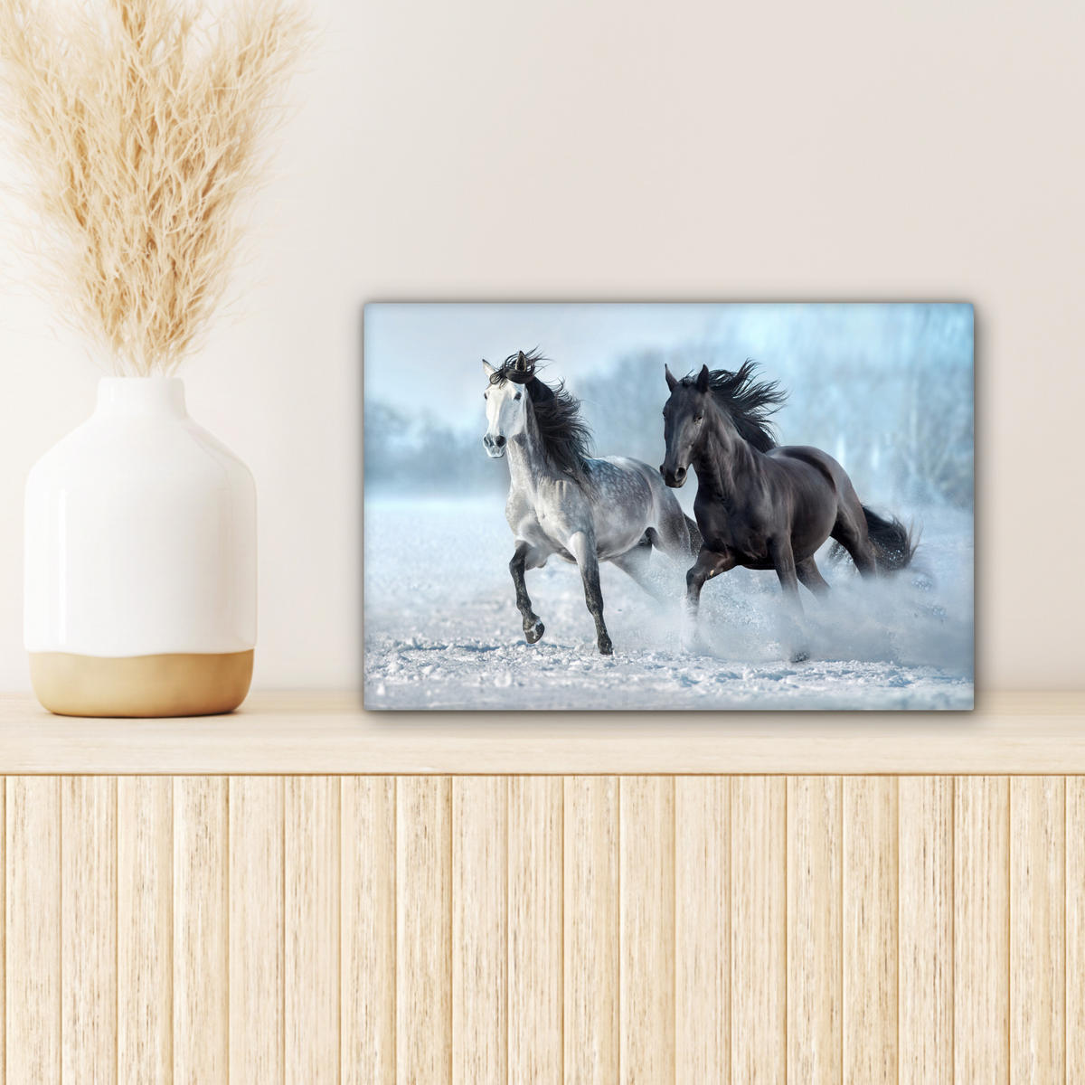 LEINWANDBILD Pferde - Winter - Tiere - Natur - Schnee 30x20 cm - Anthrazit, Textil (30/20cm) - MuchoWow