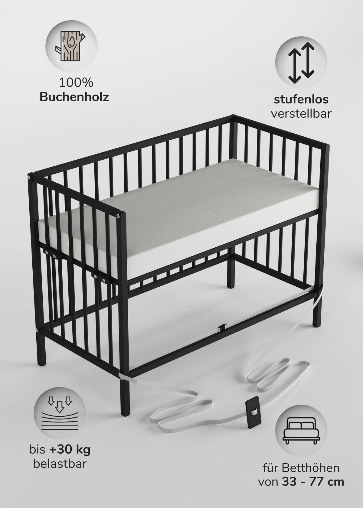 BEISTELLBETT Matratze Cloud Air & Umbauseite Black Edition Dreamy 4 in 1 Bett - Schwarz, Holz (120/90/60cm) - Sämann – make a difference.