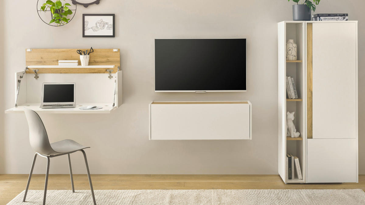 WOHNWAND weiß, Eiche Wotan 4-teilig 310 cm, Komplettset mit Sekretär - Eiche Wotan/Schwarz, Holz/Holzwerkstoff (310/158/40cm) - Furn.Design