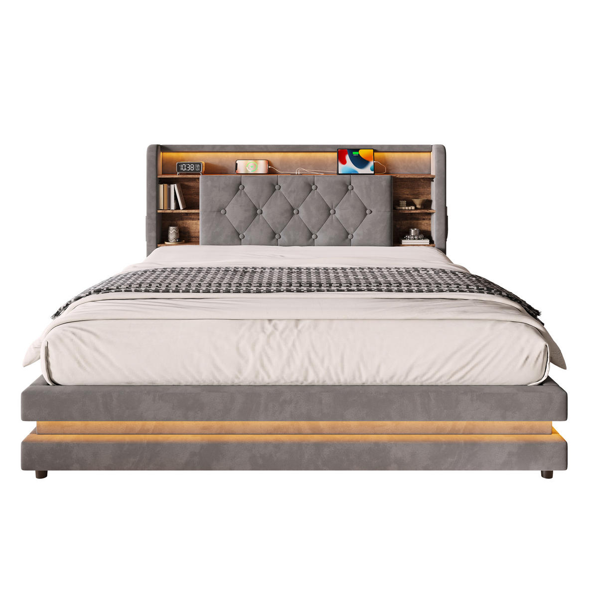 POLSTERBETT aus Samt 140x200 cm Dunkelgrau mit Bettkasten, LED-Beleuchtung, USB- und Type-C-Anschlüssen - Dunkelgrau, Textil (140/200cm) - Modfu