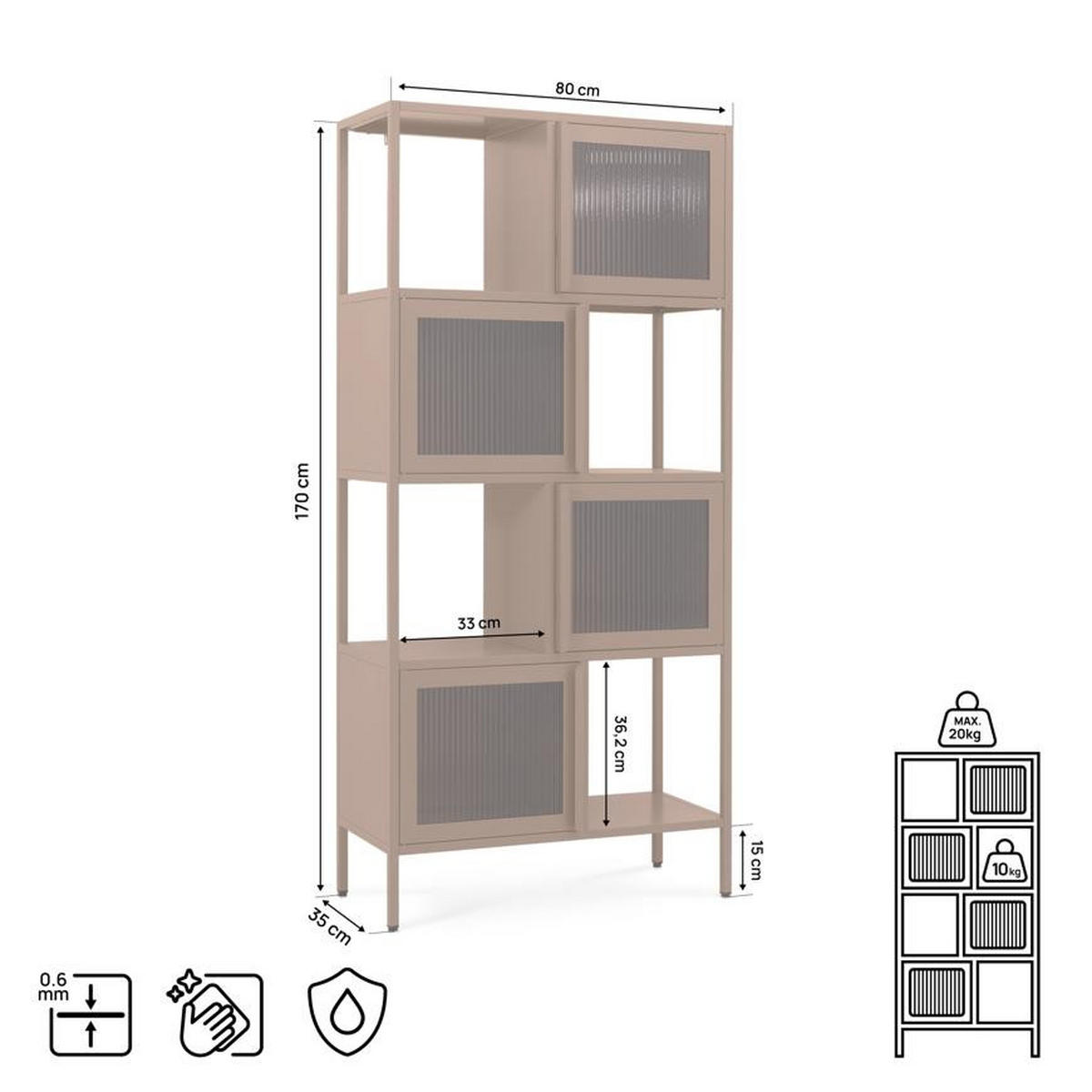 METALLREGAL H170cm 4 Türen 4 Fächer Braun und Geriffeltes Glas KIARA - Braun, Metall (35/170/80cm) - Sicaan
