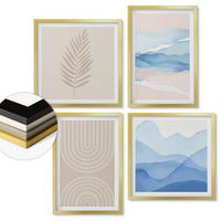 WANDBILDER 4er Set - 50x50 cm & 40x60 cm Goldrahmen - Blätterwellen beige blau - Goldfarben, Kunststoff (50/50cm) - ArtPrintCave