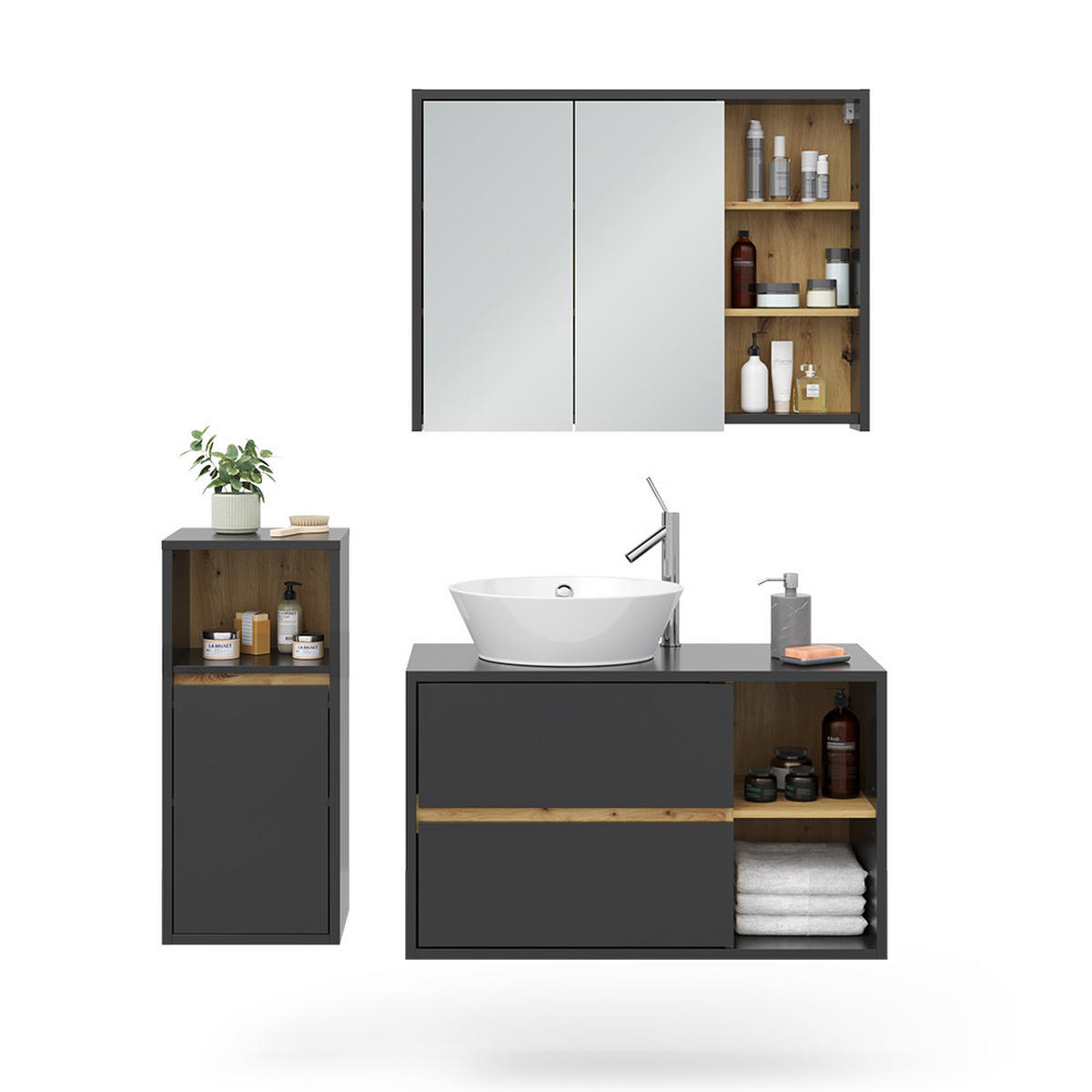 BADMÖBEL-SET Viola Anthrazit 3 Teile, mit Midischrank - Eichefarben/Anthrazit, Holzwerkstoff (60/100/45cm) - Vicco