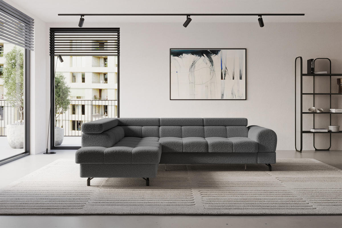 ECKSOFA mit Schlaffunktion Ottomane Links LUMA-L 272x203x70 Grau Bouclé - Chromfarben/Schwarz, Holzwerkstoff/Kunststoff (272/203cm) - ALTDECOR