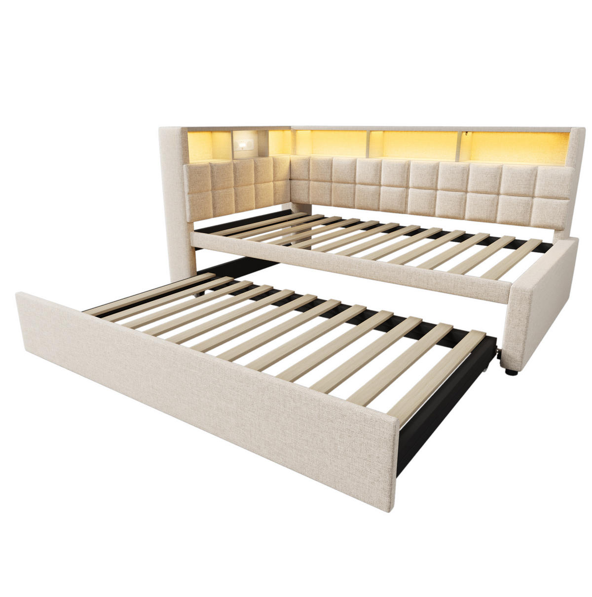 POLSTERBETT 90/200 cm mit Ausziehbett, LED, Bluetooth-Lautsprecher, USB-A/USB-C und Stauraum, Leinenoptik, Beige - Beige, Textil (90/200cm) - Redom