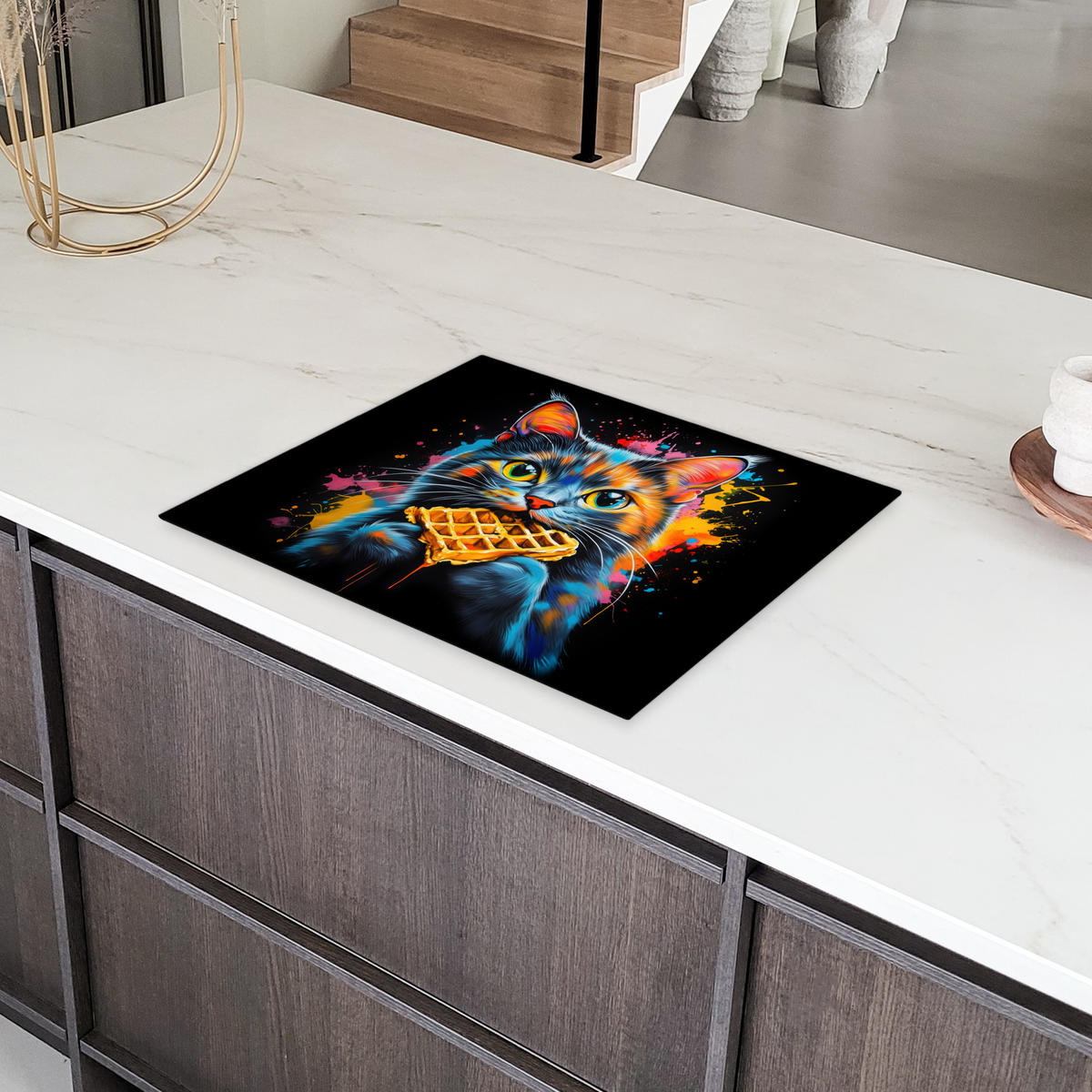 HERDABDECKPLATTE Katze - Graffiti - Bunt - Waffel - Essen Herdabdeckung Induktionsfeld 65x52 cm - Multicolor, Kunststoff (65/52/0.2cm) - MuchoWow