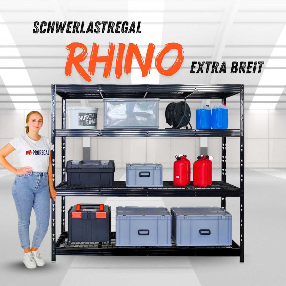 SCHWERLASTREGAL Rhino 180x200x60 cm 4 Gitterrost-Ebenen Fachlast 500 kg Schwarz - Schwarz, Metall (200/180/60cm) - PROREGAL