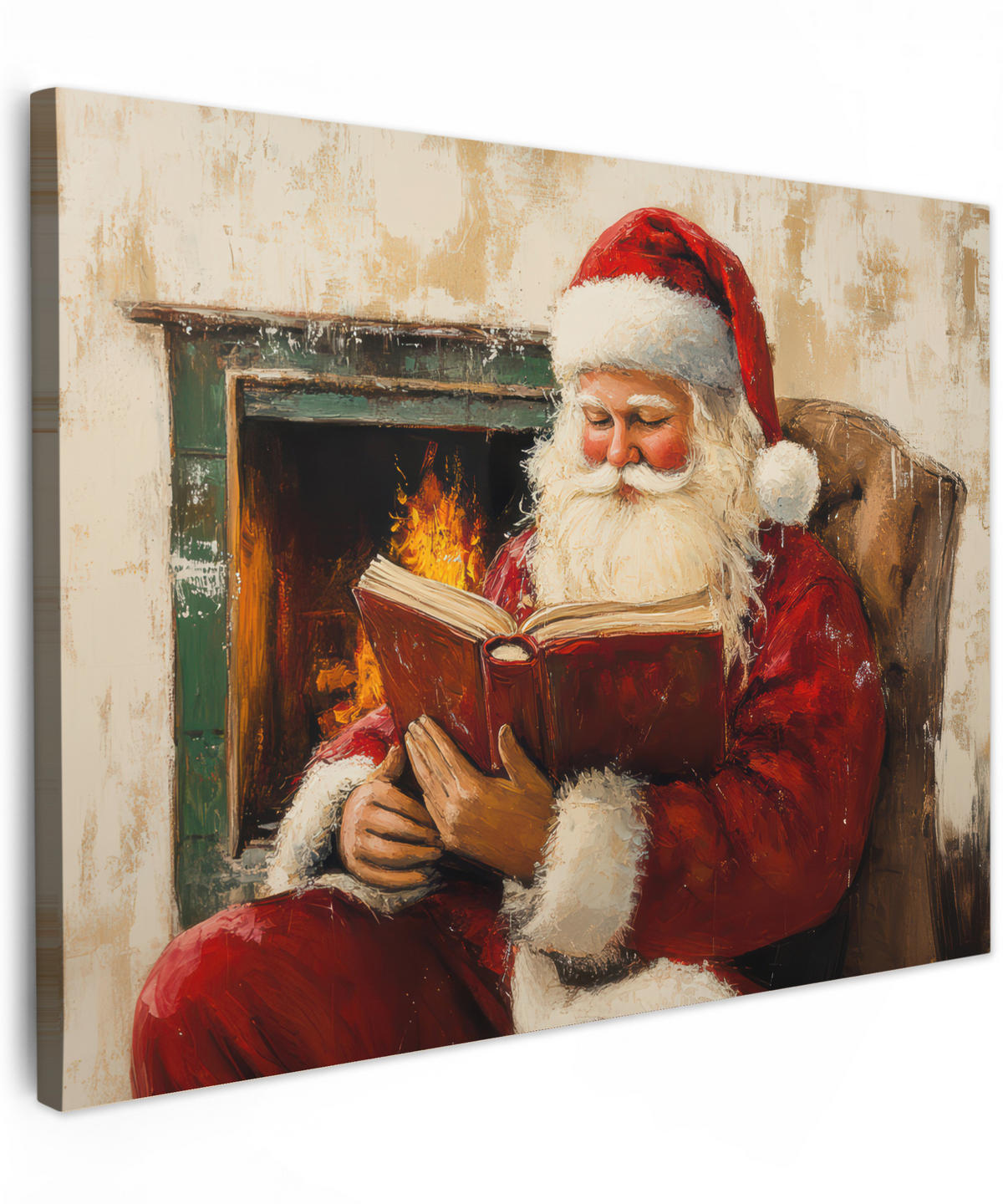 LEINWANDBILD Weihnachten - Weihnachtsmann - Winter - Open Fireside Wandbilder 80x60 cm - Dunkelrot, Textil (80/60cm) - MuchoWow