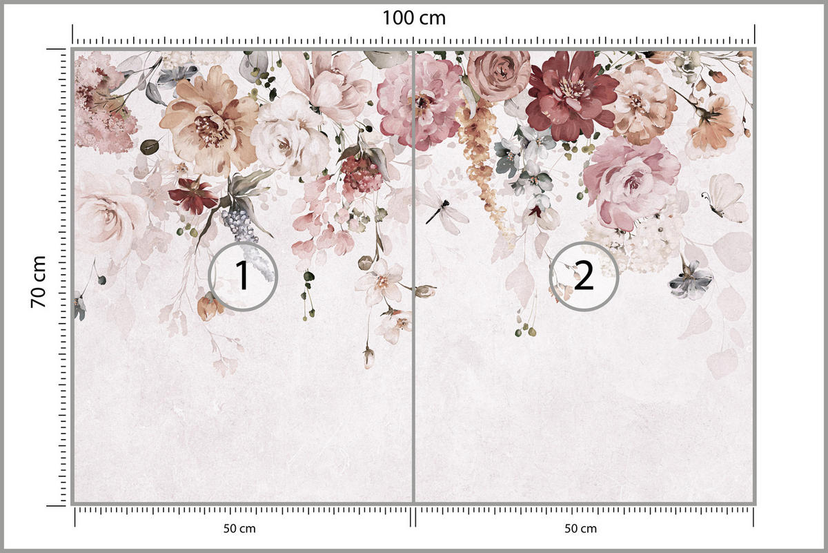 FOTOTAPETE für Schlafzimmer Aquarell Bunte Blumen Ranken Blätter 100x70 - Rot/Rosa, Papier (100/70cm) - Muralo