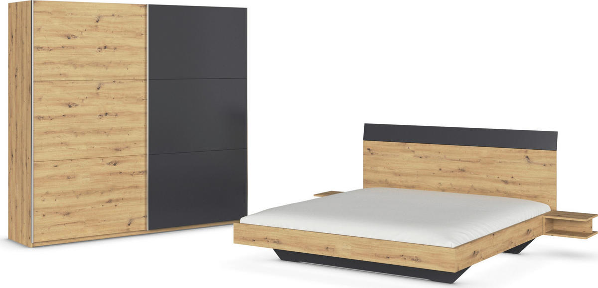 SCHLAFZIMMER Monza in Eiche Artisan und Grau Metallic mit Bettanlage 180x200cm, 2 Nachttischen und Schwebetürenkleiderschrank 4türig ohne Spiegel - Braun, Holzwerkstoff (80/200/120cm)