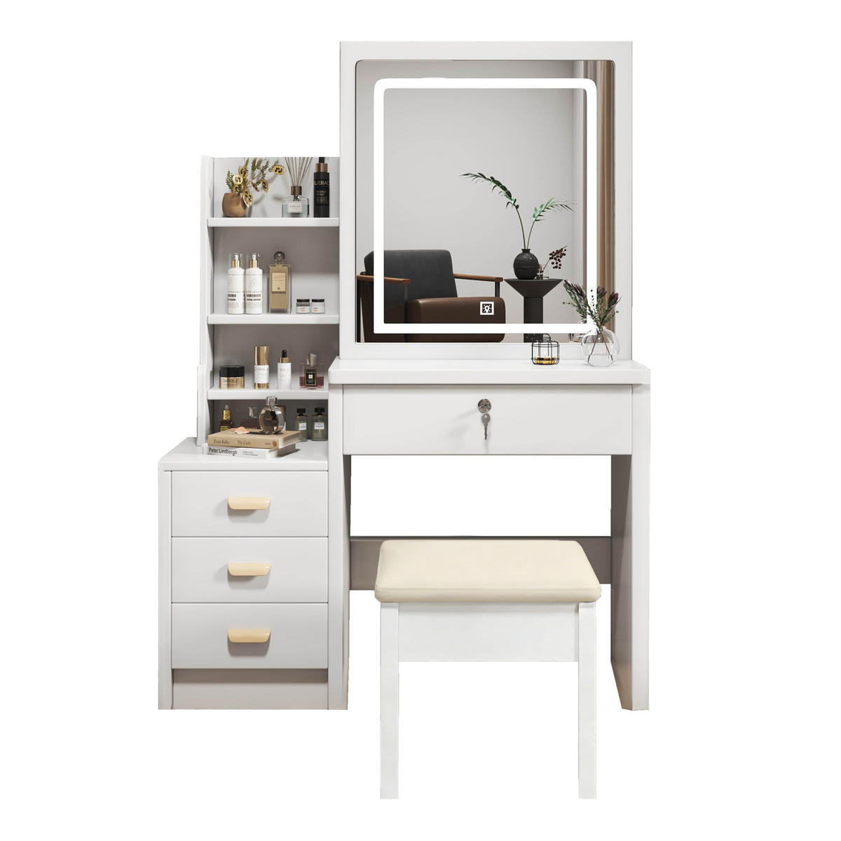 SCHMINKTISCH 85/36/130 cm weiß aus MDF mit LED-Spiegel und Hocker - Weiß, Holzwerkstoff (36/130/85cm) - OKWISH