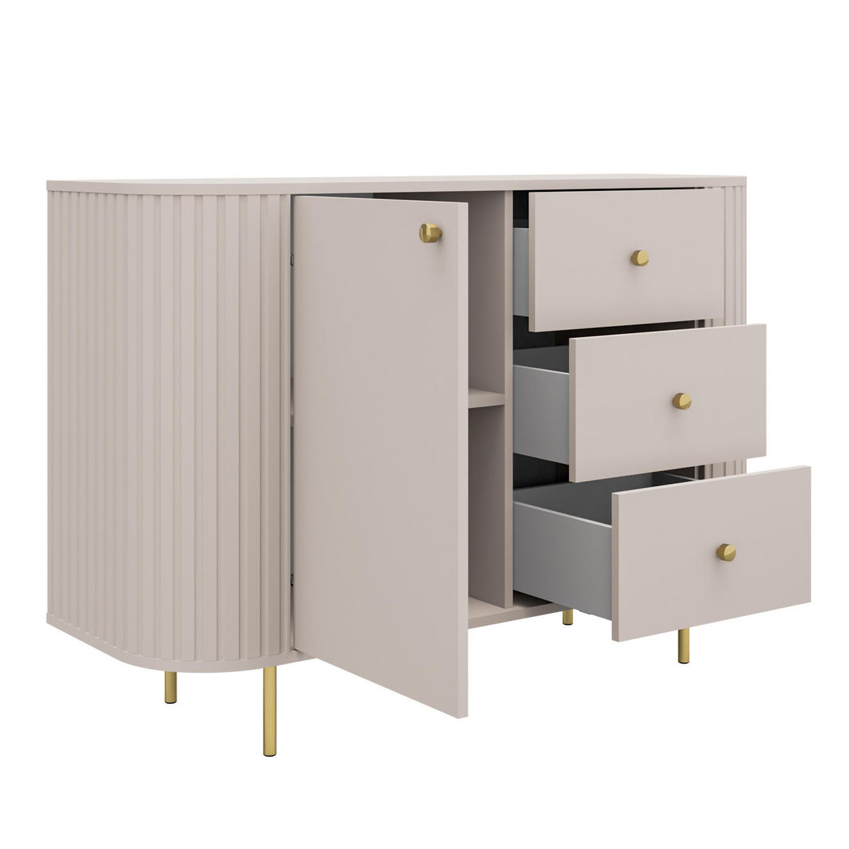 SIDEBOARD Halay Beige, 1 Tür & 3 Schubladen Moderne Rillenstruktur 123 cm - Beige/Goldfarben, Holzwerkstoff/Metall (123/85.4/42.3cm) - AX Living