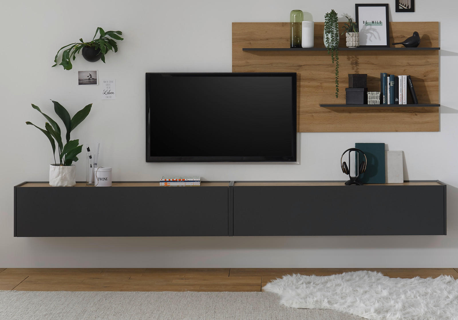 WOHNWAND grau matt, Eiche Wotan 3-teilig 300 cm, Schrankwand hängend - Eiche Wotan/Grau, Holzwerkstoff/Metall (300/180/30cm) - Furn.Design