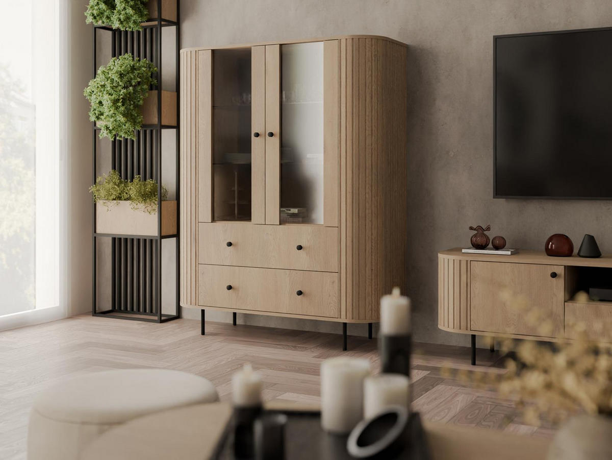 VITRINE mit Glas 2 Schubladen OVI - Braun, Holzwerkstoff (123/155/42cm) - Compleo24