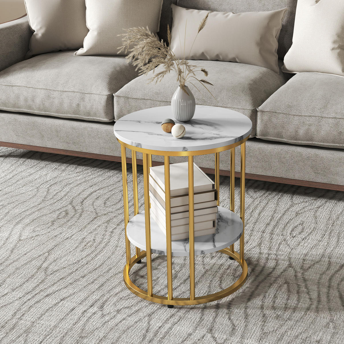 COUCHTISCH-SET aus 45x45x55 cm MDF und Metall in Weiß mit Marmoroptik, 2 runde Tische mit Ablage - Weiß, Holz (45/45/55cm) - IVMEU