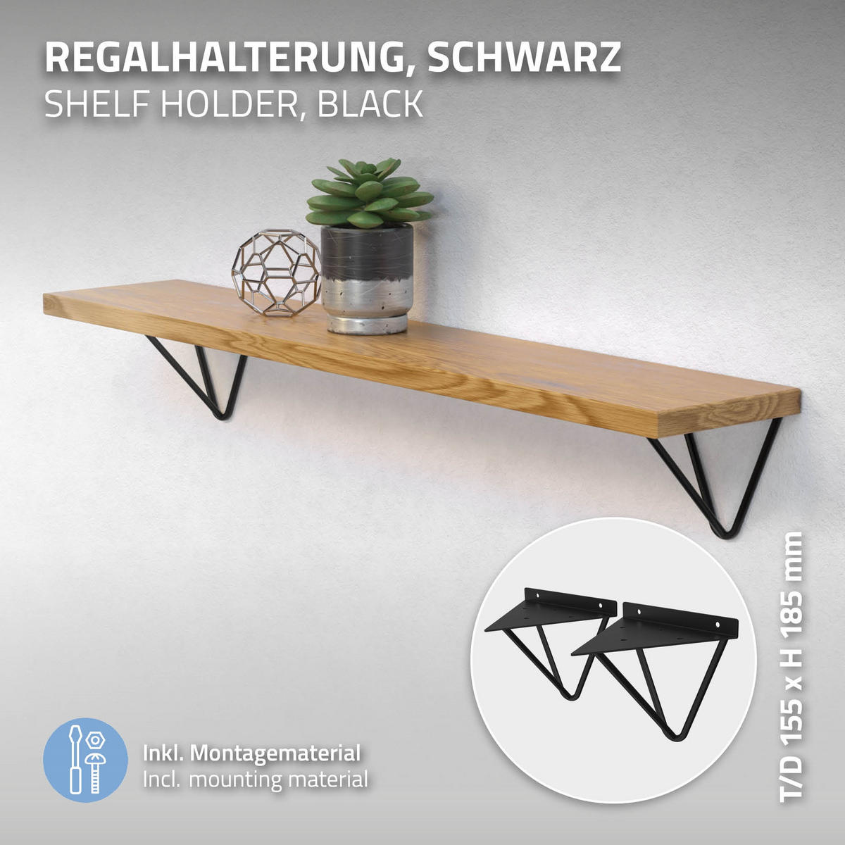 REGALHALTERUNG 2er Set 160mm Schwarz - Schwarz, Metall (15.5/17/16cm) - ML-DESIGN